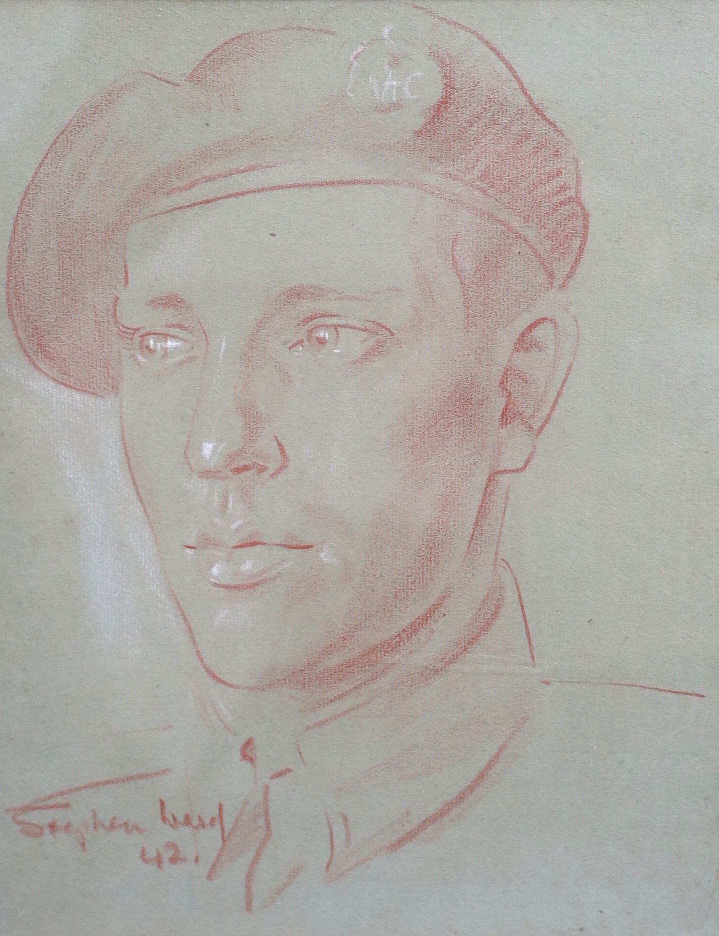 Stephen Ward (1912-1963), Portrait of a soldier in the Royal Armoured Corps, white and sanguine chalk on grey paper, 29.5 x 23cm